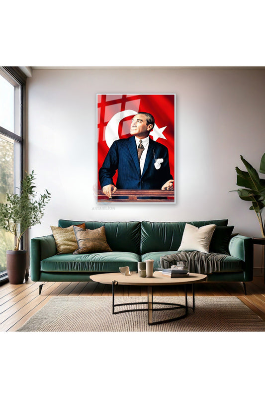 Atatürk ve Bayrak Metal Çerçeveli Cam Tablo Modeli Sınıf Tablosu Okul Ev Ofis Tablosu