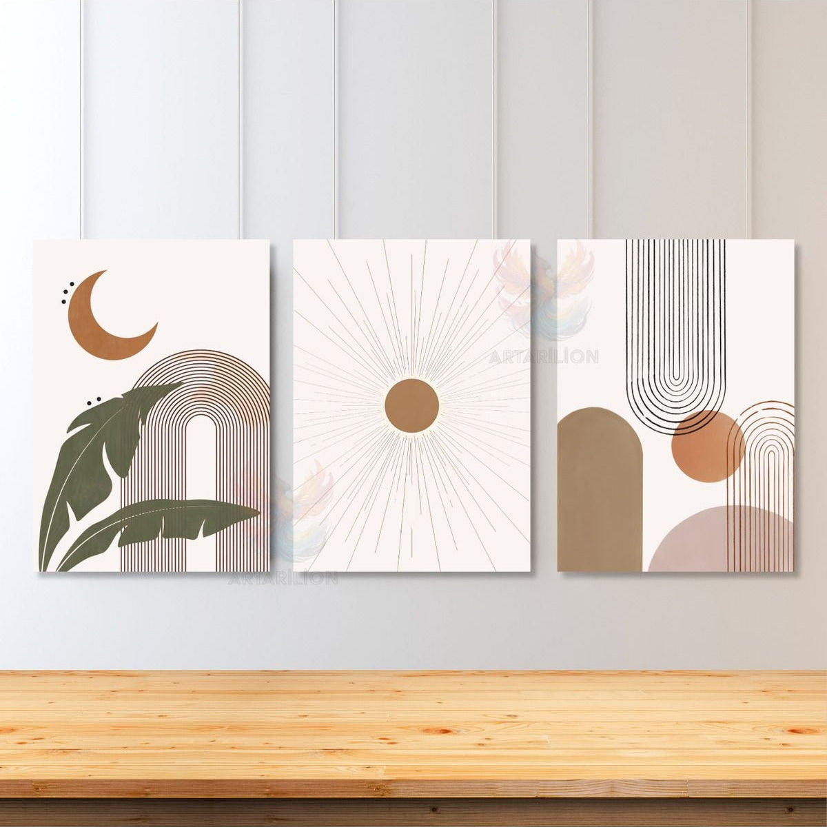 Set Minimalist Boho Modern Line Art Ay Güneş Bohemian 3'lü Kanvas Tablo Seti