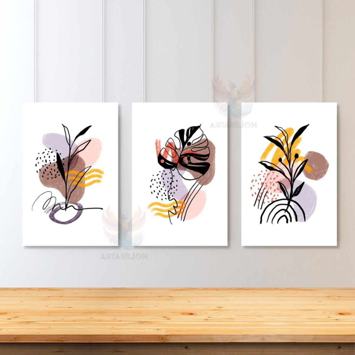 Set Minimalist Yaprak Tasarımları Boho Modern Bohemian 3'lü Kanvas Tablo Seti