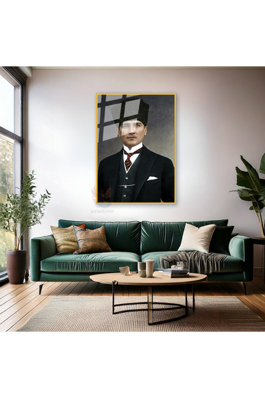 Mustafa Kemal Atatürk Metal Çerçeveli Cam Tablo Atatürk Portre Dikey Duvar Tablosu Ev Ofis Tablosu