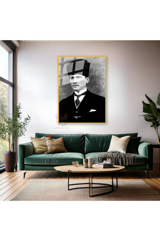 Dikey Metal Çerçeveli Cam Siyah Beyaz Atatürk Tablosu Çerçeveli Cam Ofis Ev Tablosu Duvar Dekoru