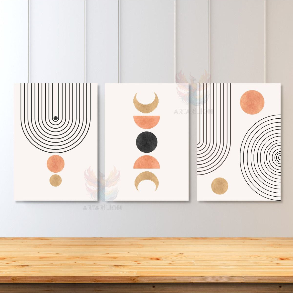 Set Minimalist Boho Modern Line Art Bohemian 3'lü Kanvas Tablo Seti