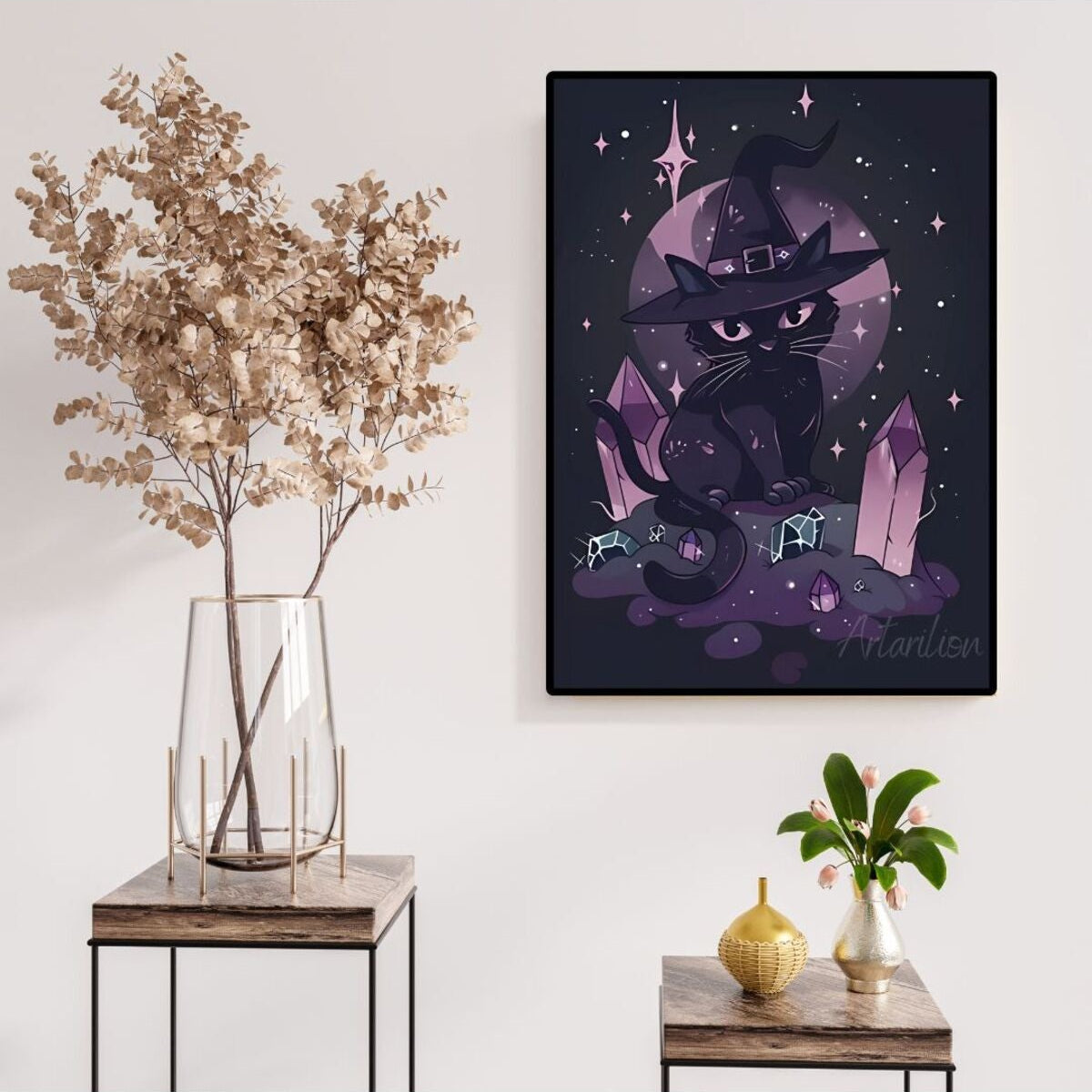 Dijital HD Baskı Cadı Şapkalı Siyah Kedi ve Kristaller Kanvas Tablo