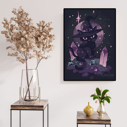 Kanvas Dijital HD Baskı Kanvas Tablo Cadı Şapkalı Siyah Kedi ve Kristaller Duvar Tablosu