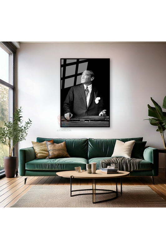 Siyah Beyaz Mustafa Kemal Atatürk Tablo Metal Çerçeveli Cam Tablo Dikey Tablo Salon Ofis Tablosu