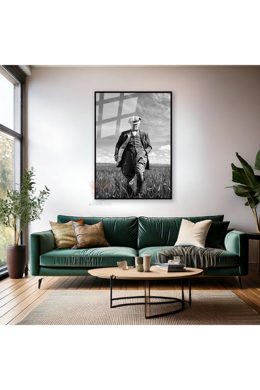 Siyah Beyaz Atatürk Görseli Metal Çerçeveli Cam Tablo Dijital Baskı Kırılmaz Metal Çerçeveli Cam