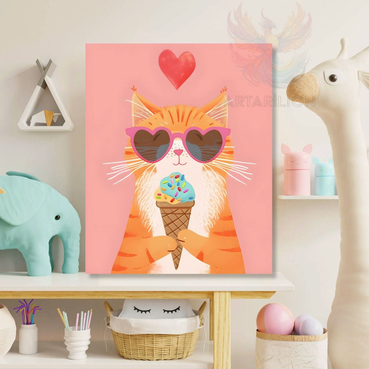Dondurma Yiyen Kedi Desenli Oyun Odası Çocuk Kanvas Tablo