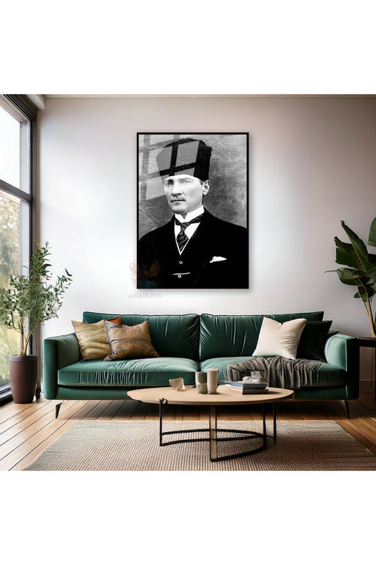Dikey Metal Çerçeveli Cam Siyah Beyaz Atatürk Tablosu Çerçeveli Cam Ofis Ev Tablosu Duvar Dekoru