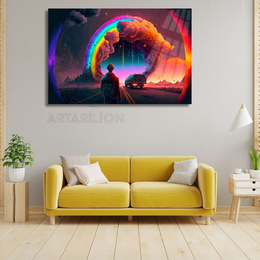 Neon Renkler ve Karadelik Görseli Kırılmaz Cam Tablo Yeni Ev Hediyesi Salon Tablosu