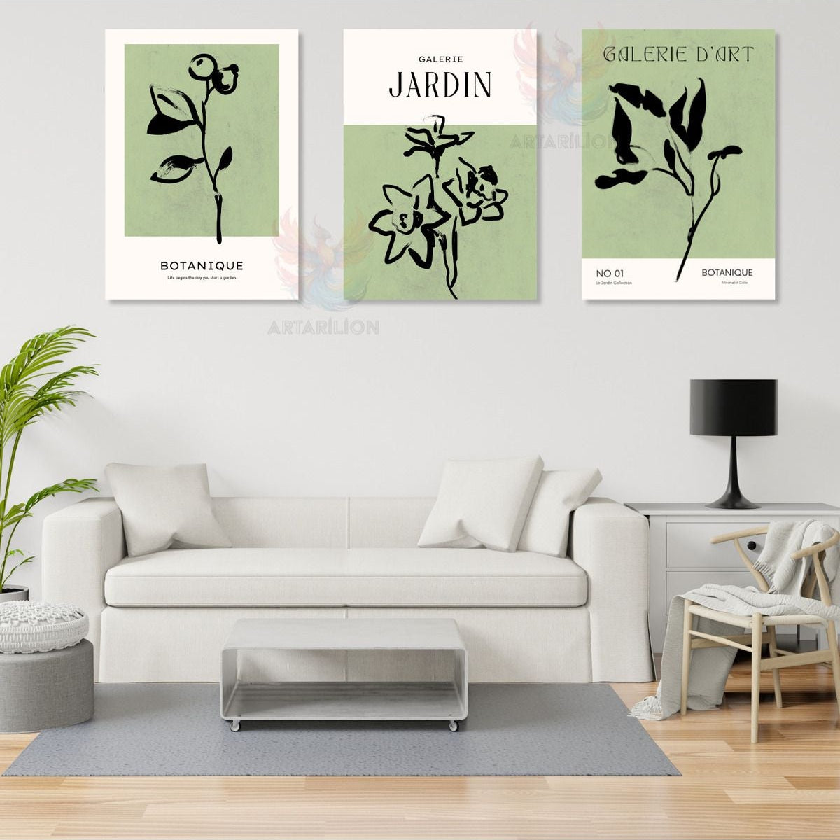 Set Minimalist Yeşil Siyah Botanik Oturma Odası Bohemian 3'lü Kanvas Tablo Seti