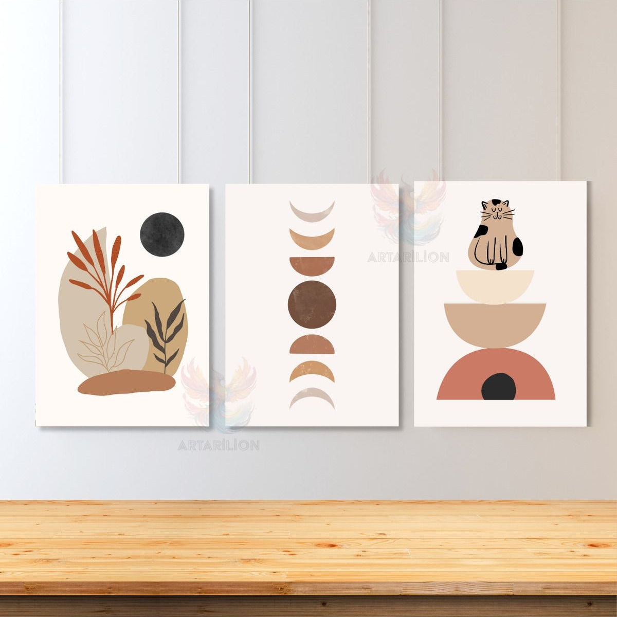 Set Minimalist Boho Ay Kedi ve Yapraklar 3'lü Kanvas Tablo Seti