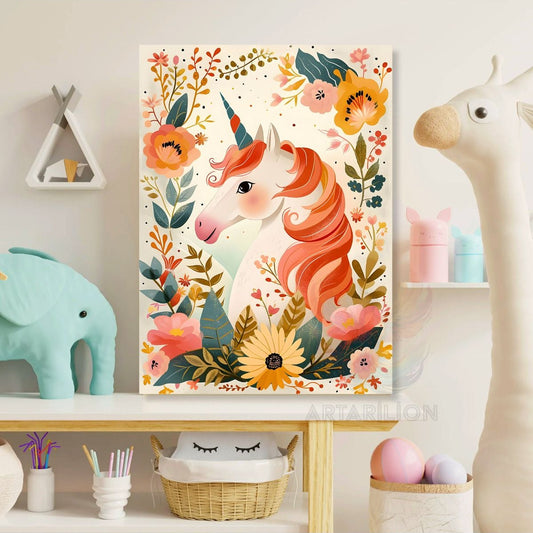 Kanvas Unicorn ve Çiçekler Baskı Tablo Oyun Odası Tablosu Çocuk Odası Tablosu