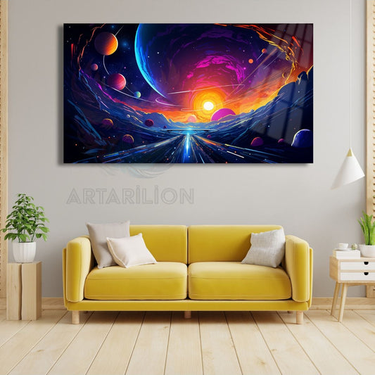 Fantastik Tablo Gezegenler ve Uzay Yolu Kırılmaz Cam Tablo Soyut Tablo Duvar Dekoru