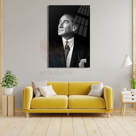 Atatürk Siyah Beyaz Portre Kırılmaz Cam Tablo HD Baskı Dijital Tablo