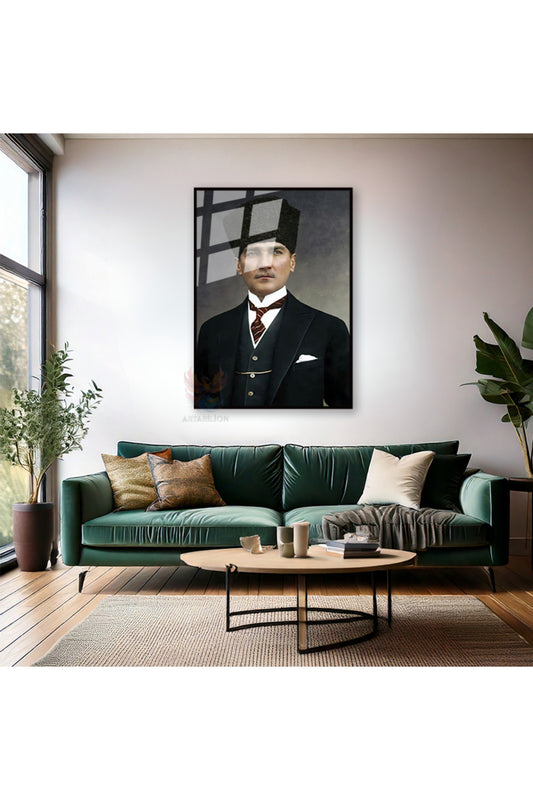 Mustafa Kemal Atatürk Metal Çerçeveli Cam Tablo Atatürk Portre Dikey Duvar Tablosu Ev Ofis Tablosu