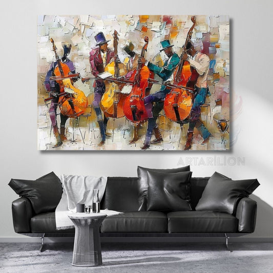 Yağlı Boya Görünümlü Çello Çalan Adamlar Kanvas Tablo Salon Tablosu Modern Tablo