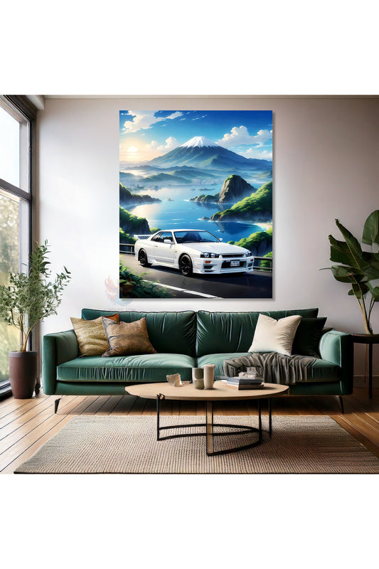 Fuji Dağı Manzarası ve Beyaz Spor Araba Tablosu Kanvas Minimal Tablo Modeli