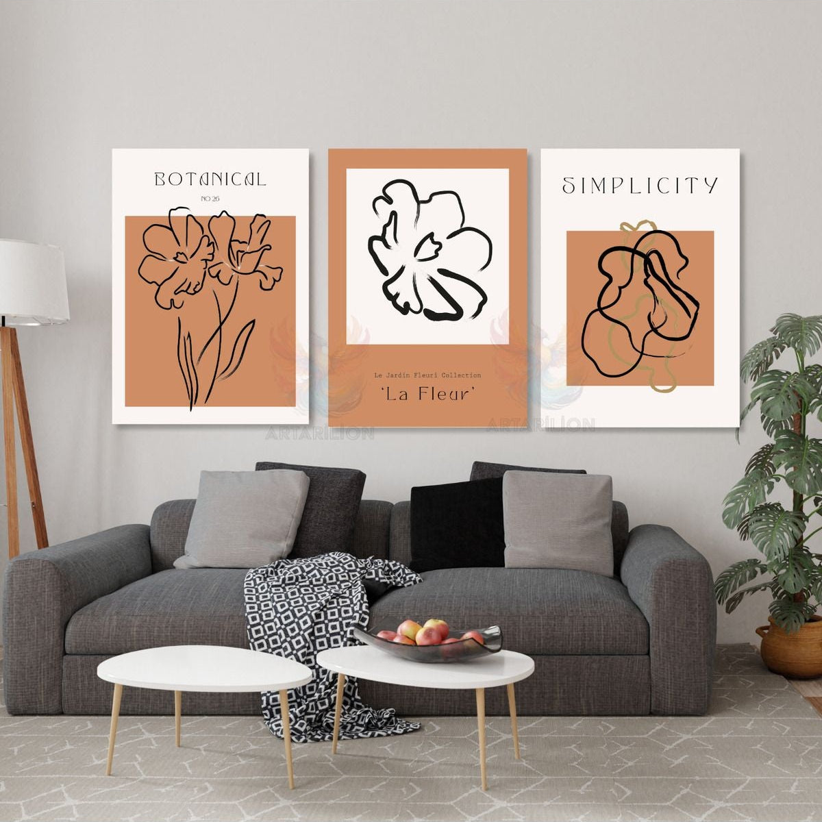 Set Minimalist Tasarım Sade Şık Çiçek Bohemian 3'lü Kanvas Tablo Seti