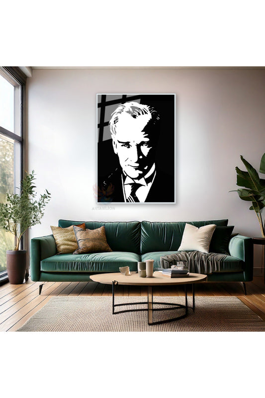 Siyah Beyaz Atatürk Çizimi Metal Çerçeveli Cam Tablo Modeli Dikey Duvar Tablosu Ofis Okul Ev Tablosu