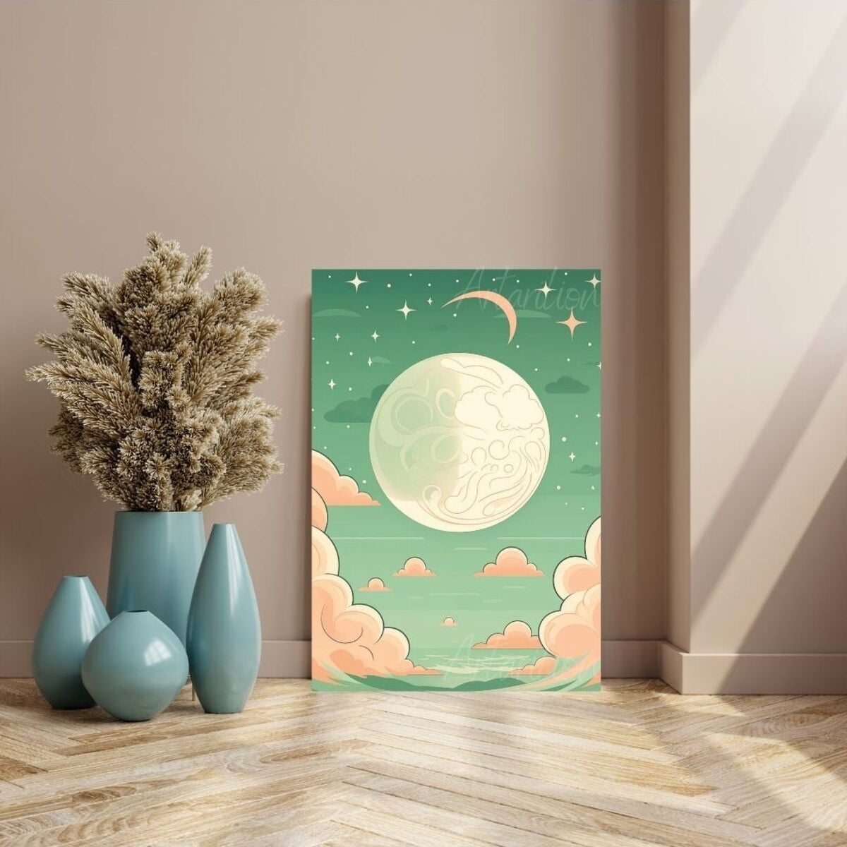 Canvas Digital HD Print Canvas Painting Pink Clouds and Full Moon Wall Art