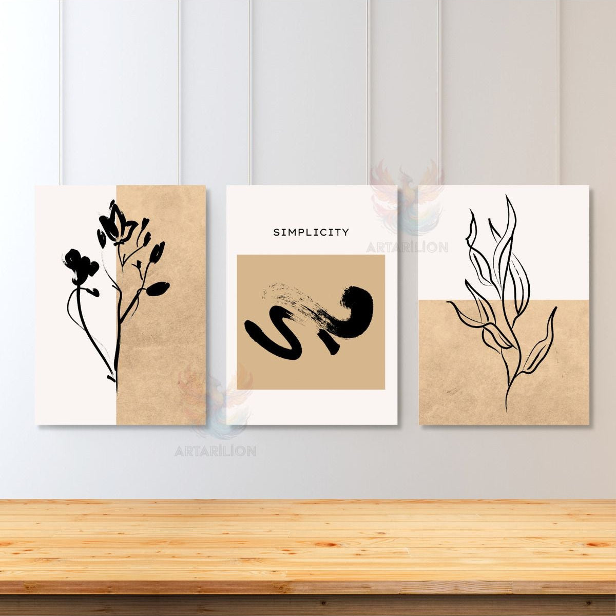 Set Minimalist Tasarım Oturma Odası Soyut Fırça Darbeleri 3'lü Kanvas Tablo Seti