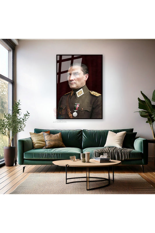 Dikey Metal Çerçeveli Cam Renkli Atatürk Tablosu Metal Çerçeveli Cam Ofis Ev Tablosu Duvar Dekoru