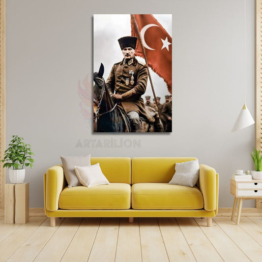 Atatürk ve Türk Bayrağı Kanvas Tablo Dijital HD Baskı Tablo Duvar Dekor