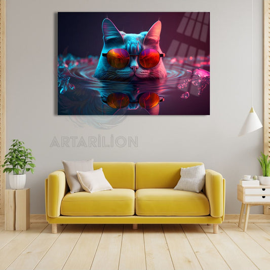 Gözlüklü Yüzen Kedi Tablosu Kırılmaz Cam Tablo Salon Tablosu Yeni Ev Hediyesi