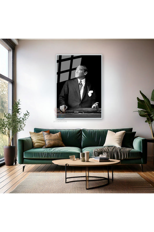 Siyah Beyaz Mustafa Kemal Atatürk Tablo Metal Çerçeveli Cam Tablo Dikey Tablo Salon Ofis Tablosu