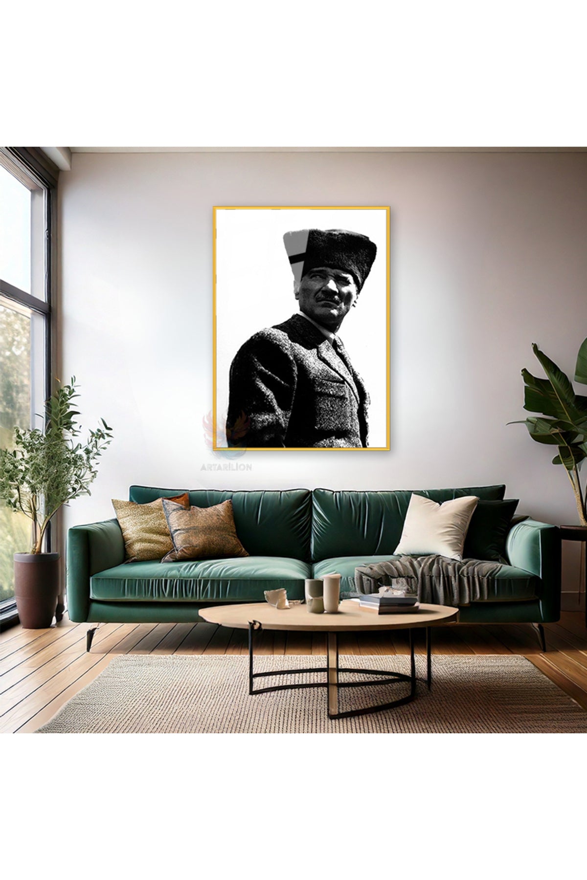Metal Atatürk Görseli Siyah Beyaz Dikey Çerçeveli Cam Tablo