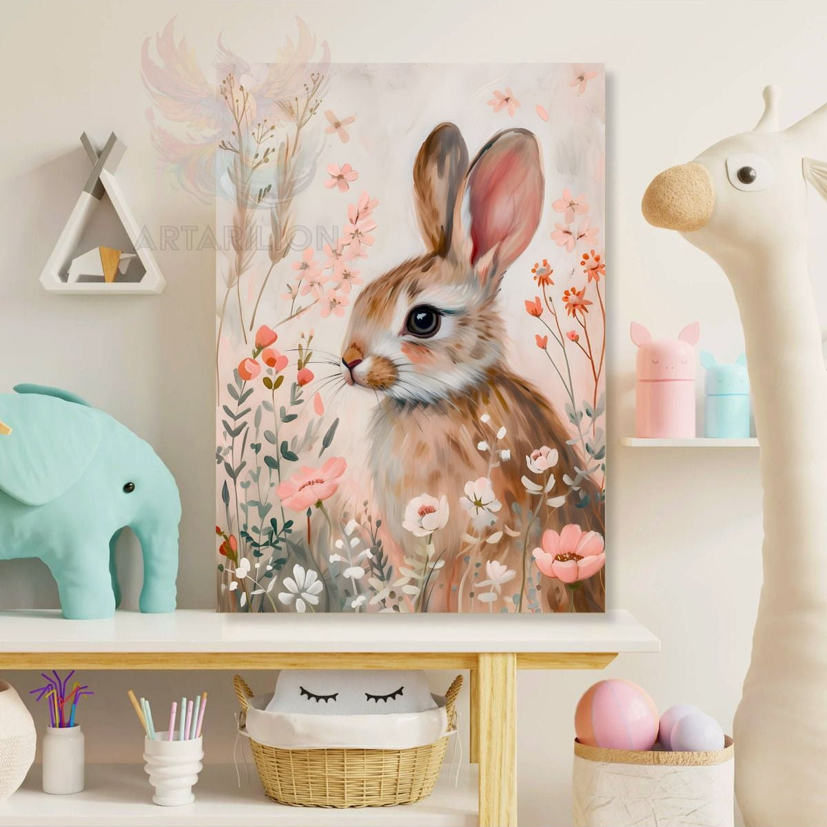 Cute Rabbit and Flowers Patterned Canvas Print Wall Decor Children's Room Painting