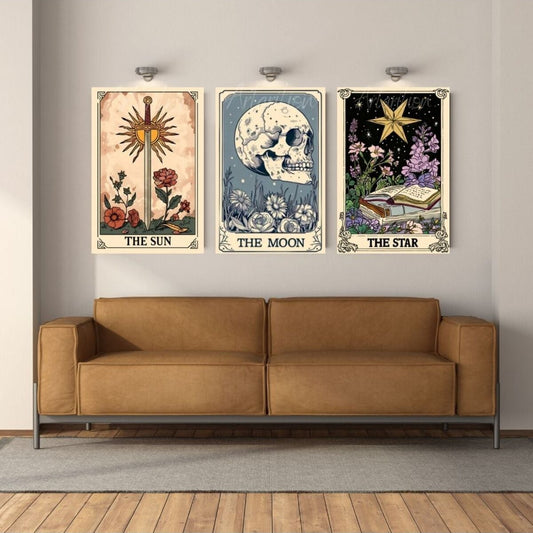 Kanvas Dijital HD Baskı Kanvas Tablo 3'lü Tarot Kartları Güneş Ay Yıldızlar Duvar Tablosu
