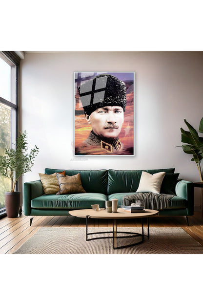 Gökyüzü ve Atatürk Görseli Metal Çerçeveli Cam Tablo HD Dijital Baskı Ev Ofis Dekoru