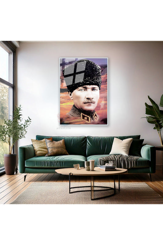 Gökyüzü ve Atatürk Görseli Metal Çerçeveli Cam Tablo HD Dijital Baskı Ev Ofis Dekoru