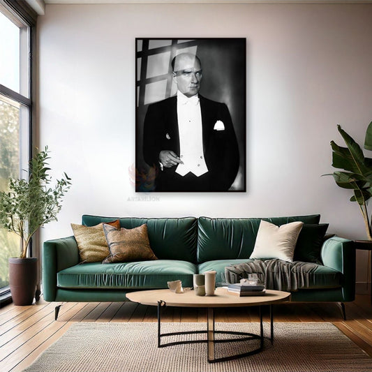 Mustafa Kemal Atatürk Siyah Beyaz Metal Çerçeveli Cam Tablo Dikey Duvar Tablosu Ev Ofis Tablosu