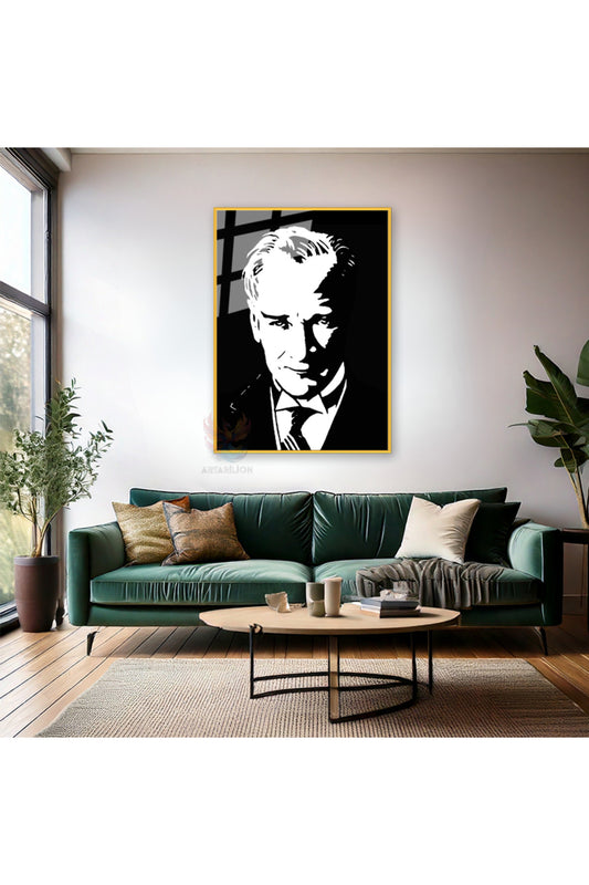 Siyah Beyaz Atatürk Çizimi Metal Çerçeveli Cam Tablo Modeli Dikey Duvar Tablosu Ofis Okul Ev Tablosu