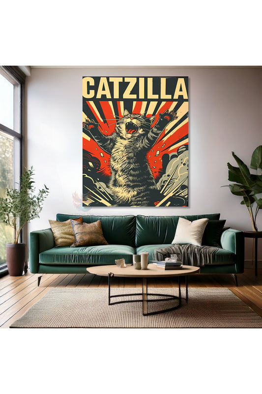 Catzilla Komik Kedi Tablosu Kanvas Tablo Modern Ev Dekoru Duvar Tablosu
