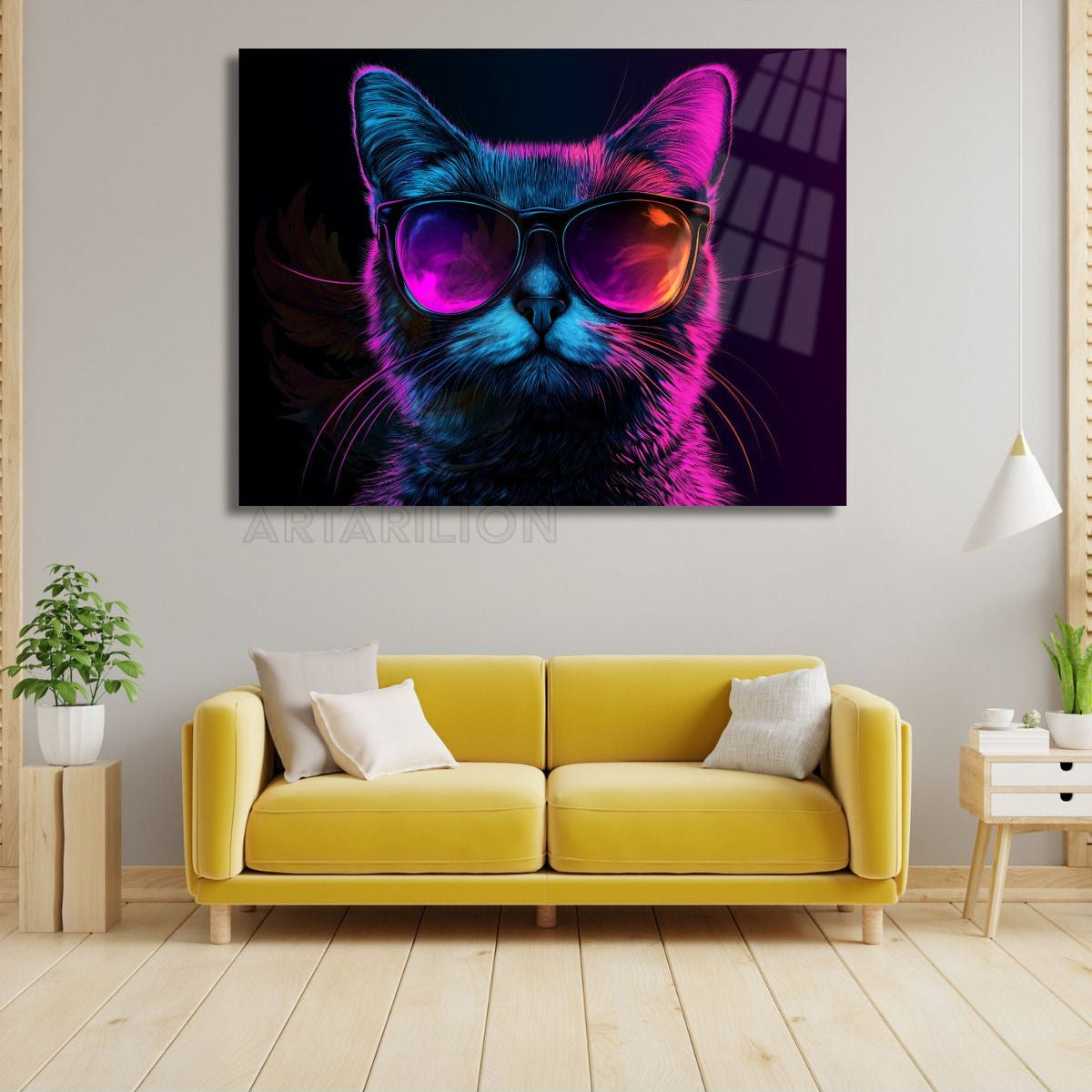 Gözlüklü Tarz Kedi Görseli Kırılmaz Dijital Cam Tablo