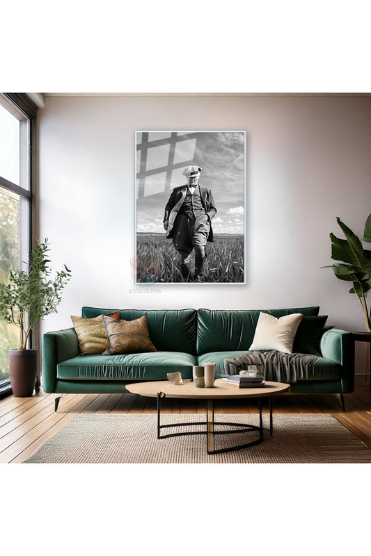 Siyah Beyaz Atatürk Görseli Metal Çerçeveli Cam Tablo Dijital Baskı Kırılmaz Metal Çerçeveli Cam