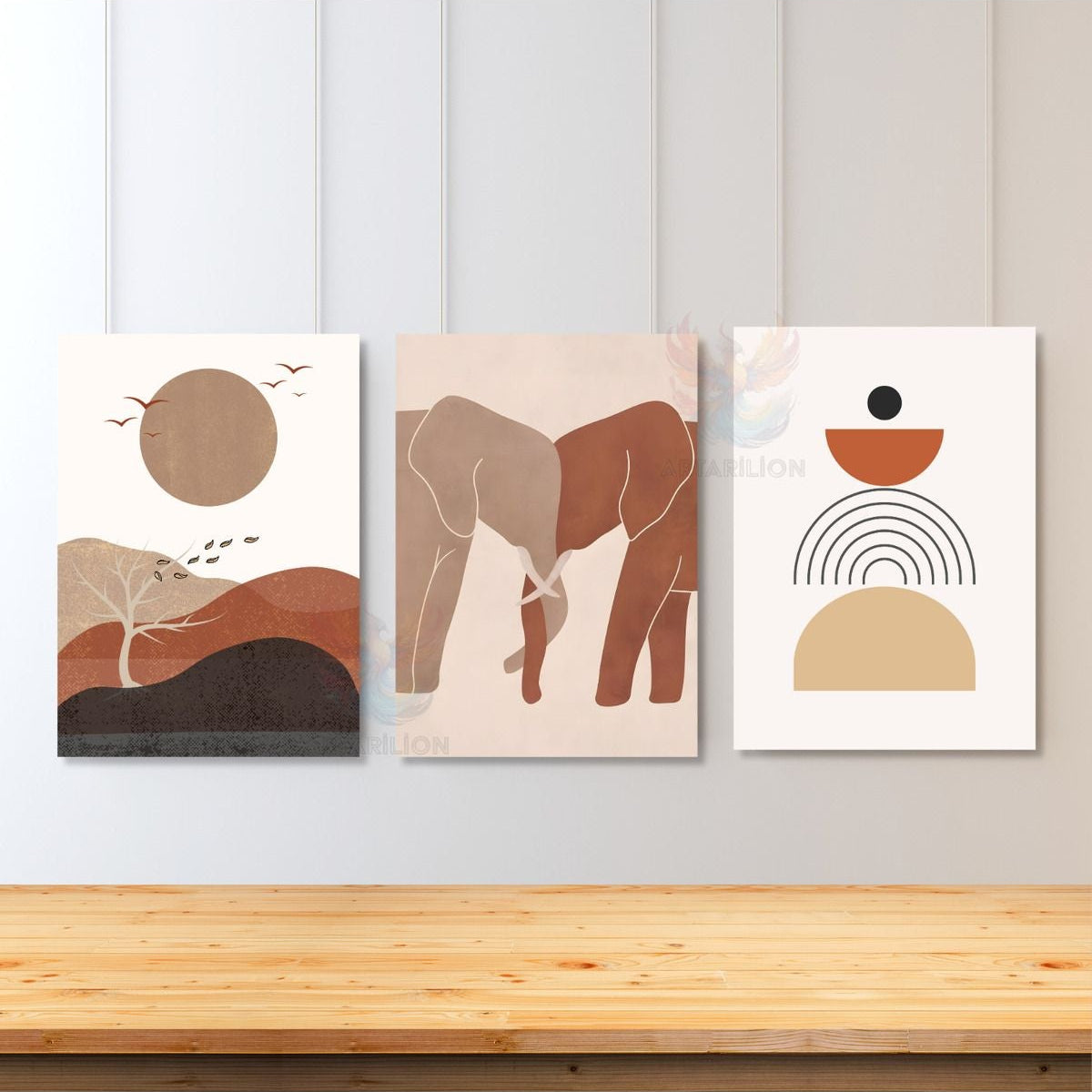 Set Minimalist Ağaç ve Filler Oturma Odası Bohemian 3'lü Kanvas Tablo Seti