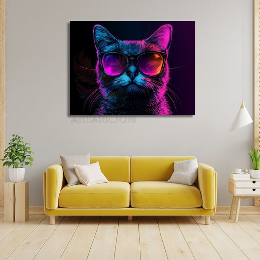 Gözlüklü Tarz Kedi Görseli Kanvas Tablo Dijital Baskı Tablo Kedi Tablosu