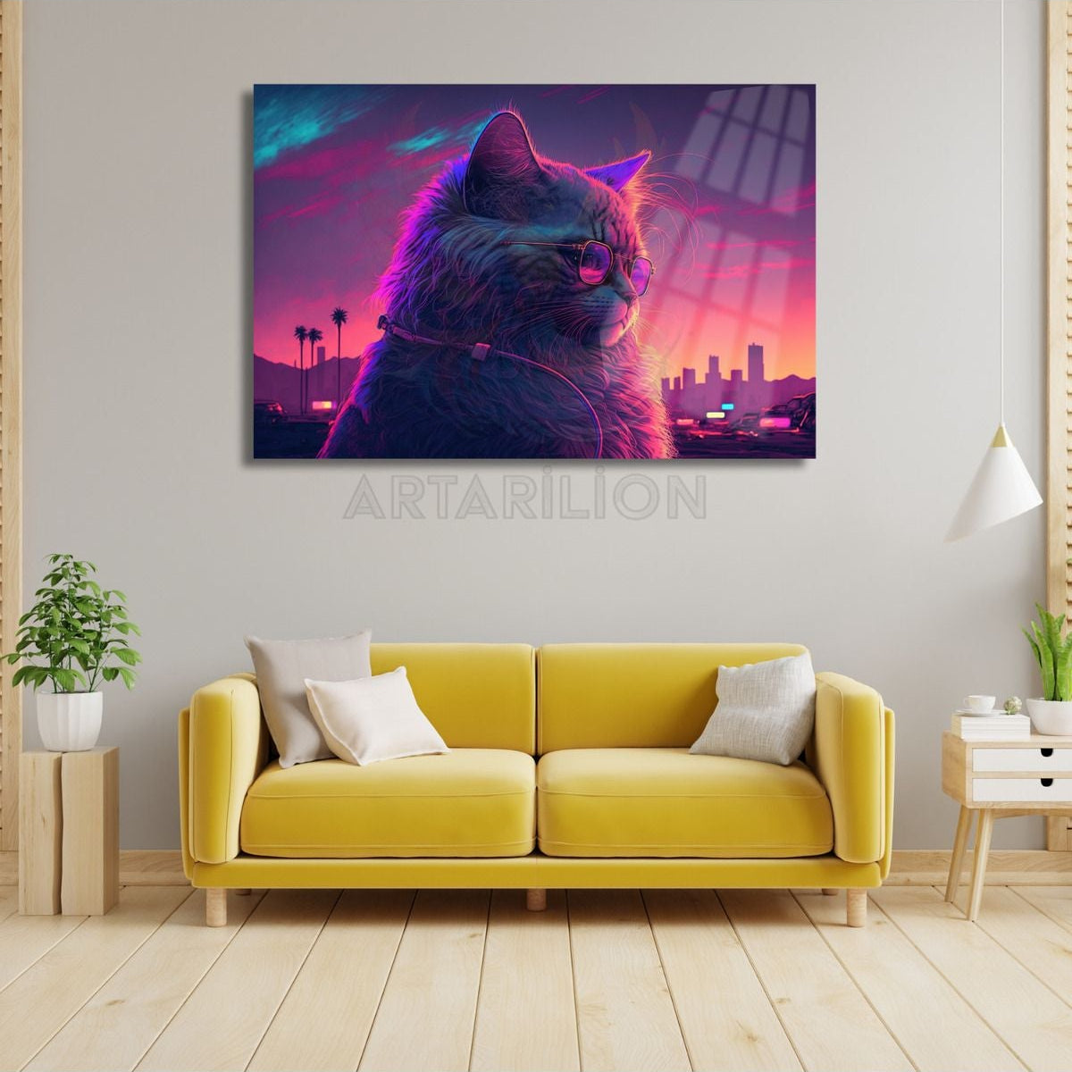 Kırılmaz Neon Renkli Gözlüklü Kedi Görseli Dijital Cam Tablo