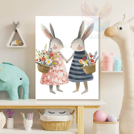Canvas Printed Rabbits Holding Hands Patterned Painting, Playroom Painting, Children's Room Painting