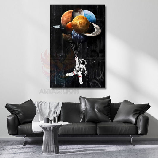 Astronot ve Gezegen Balonlar Kanvas Tablo Salon Tablosu Modern Duvar Tablosu