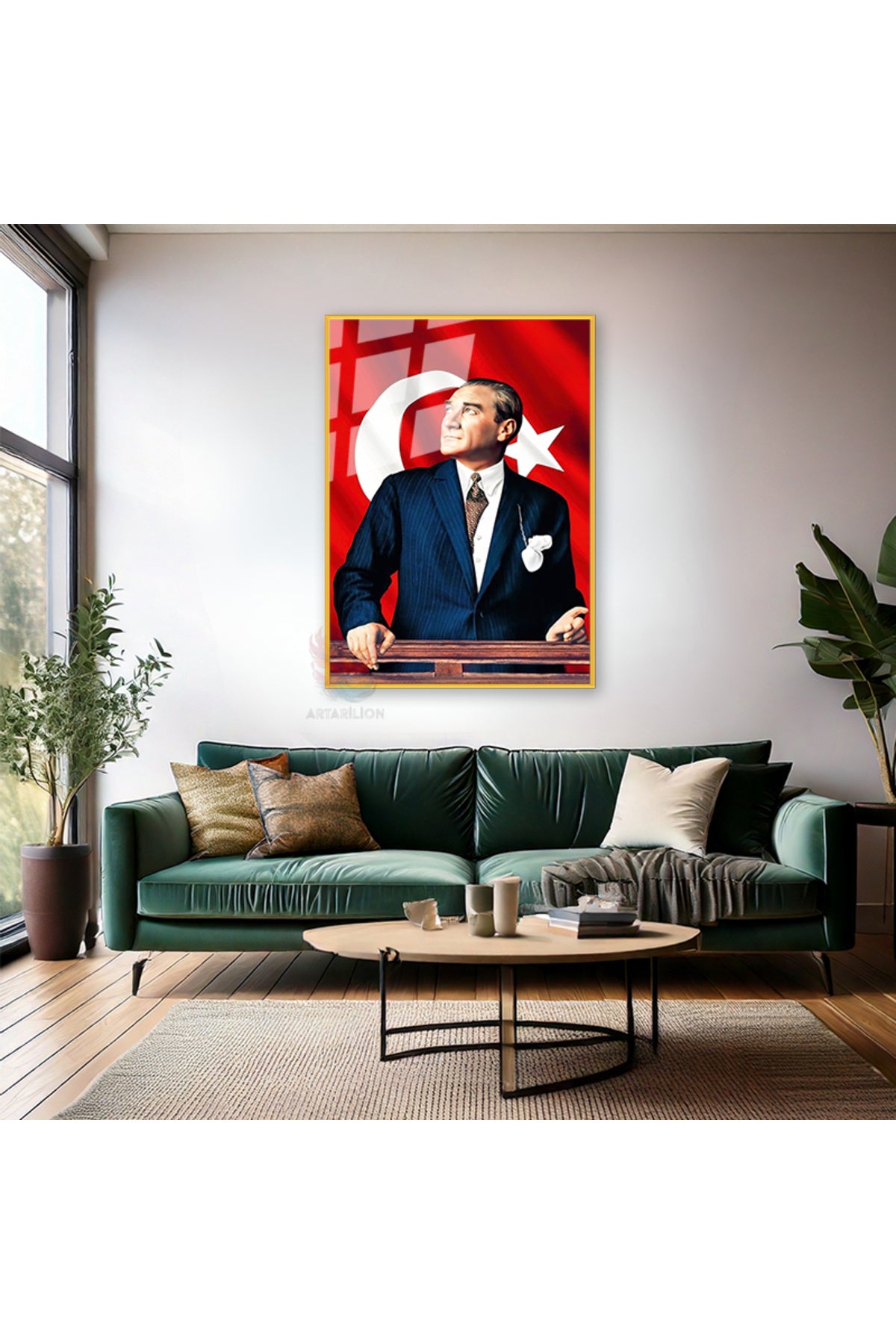 Atatürk ve Bayrak Metal Modeli Sınıf Okul Çerçeveli Cam Tablo