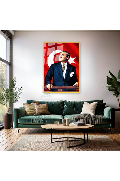 Atatürk ve Bayrak Metal Çerçeveli Cam Tablo Modeli Sınıf Tablosu Okul Ev Ofis Tablosu