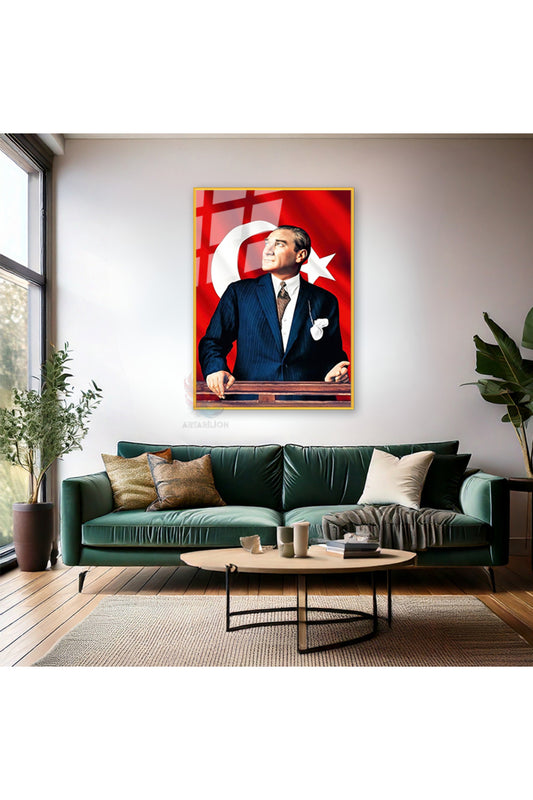 Atatürk ve Bayrak Metal Çerçeveli Cam Tablo Modeli Sınıf Tablosu Okul Ev Ofis Tablosu