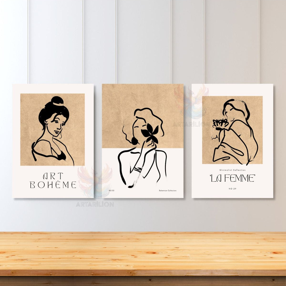 Set Minimalist Boho Bohemian Kadın Temalı 3'lü Kanvas Tablo Seti