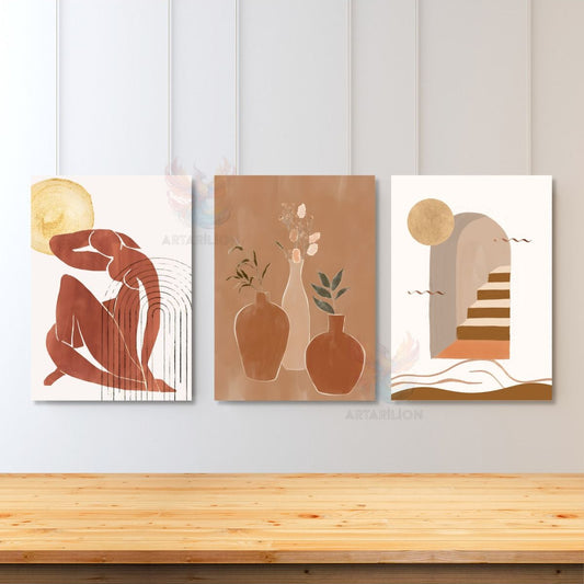 3'lü Set Kanvas Tablo Minimalist Boho Modern Kadın Vazo Merdiven Duvar Tablosu Bohemian Kanvas Tablo