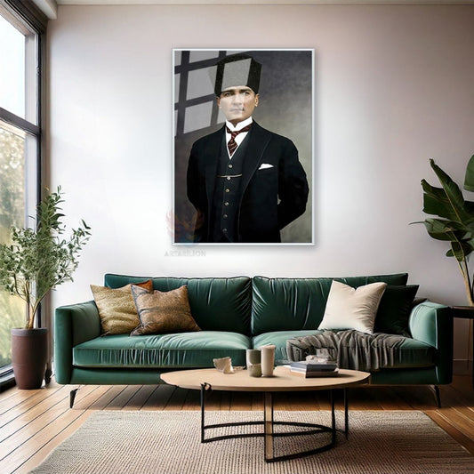 Mustafa Kemal Atatürk Renkli Metal Çerçeveli Cam Tablo Dikey Duvar Tablosu Atatürk Tablosu